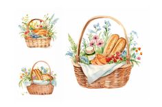 watercolor painting of bread and flowers in a basket