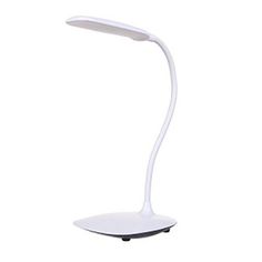 a white desk lamp that is on top of a table and has a black base