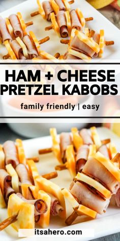 ham and cheese pretzel kabobs on a white plate with text overlay