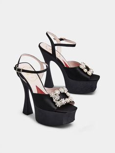 Black Woman Flower Strass Buckle Platform Sandals in Satin RVW66230280RS042B999 | Roger Vivier Luxury Elegant Platform Sandals, Luxury Black Platform Slippers For Women, Designer Black Platform Heels, Luxury Slip-on Platform Sandals, Luxury Black Platform Sandals, Roger Vivier Heels, Luxury Heels, Roger Vivier Shoes