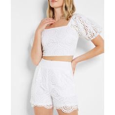 These Are The Perfect Pick For Summer. From The Trendy Eyelet Detailing To The Super High-Waisted Rise, These Are Going To Be Your New Go-To Shorts. Super High Waisted Hidden Side Hook Closure Eyelet Detailing; Textured Inseam: 3.5" Cotton Hand Wash Fitted Cropped White Shorts, White Fitted Cropped Shorts, Minimal Dress, White Skort, Wrap Skort, Bow Skirt, Black Skort, Eyelet Shorts, White Crop Top