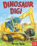 a book with an image of a dinosaur on top of a bulldozer in the grass