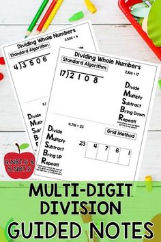 two multi digit division worksheets with an apple and pencils