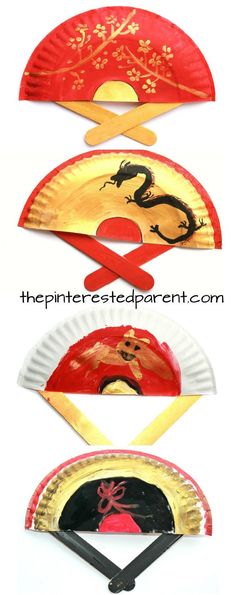 three paper plates that have different designs on them, one is red and the other is gold