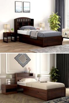 two pictures of a bedroom with white walls and wood flooring, one showing the bed