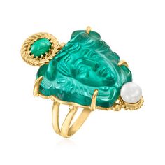 Italian Tagliamonte Green Venetian Glass, Malachite, 5-5.5mm Cultured Pearl Medusa Ring Over Sterling. Size 5. From Italian designer Tagliamonte, this statement ring boasts an ornate design and masterful craftsmanship. On it, beautiful 24x21mm green Venetian glass is carved to depict a highly detailed rendering of Medusa. For added visual interest, a 6x8mm oval malachite cabochon is stationed above and a 5-5.5mm cultured freshwater button pearl gleams below. Set in 18kt yellow gold over sterling Elegant Green Intaglio Ring, Green Intaglio Ring Jewelry, Medusa Ring, Resort Jewelry, Bold Statement Jewelry, Pearl Birthstone, Ornate Design, Fine Jewelery, Natural Gold