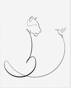 a black and white drawing of a cat with a bird on its tail, in the middle