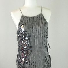 Silver Beaded Dress, With Silver And Gold Decorations. New With Tags. Adrianna Papell. Knee Length. #19 Silver Embellished Sequin Dress For Spring, Silver Beaded Fitted Dress, Gray Embellished Party Dress, Silver Embellished Sequin Dress For Holiday, Silver Beaded Dress For Evening, Elegant Silver Sequin Dress For Festive Occasions, Holiday Silver Embellished Sequin Dress, Silver Beaded Party Dress, Elegant Gray Festive Dress