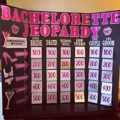 the bachelor party game is set up in front of a blackboard with pink writing on it