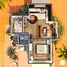 an overhead view of a small house with furniture and plants on the ground floor plan