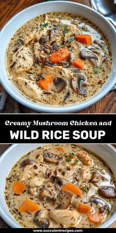 two bowls of creamy mushroom chicken and wild rice soup with carrots on the side