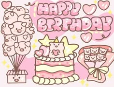 a happy birthday card with teddy bears and cake