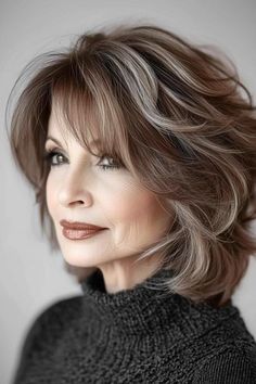 29 Youthful Hairstyles for the Over 60 Woman Feathered Bob Hairstyles, Wavy Layered Hair, Youthful Hairstyles, Hairstyles For Seniors, Layered Haircuts With Bangs, Hairstyles For Women Over 60, Swept Bangs, Wavy Curls, Light Highlights