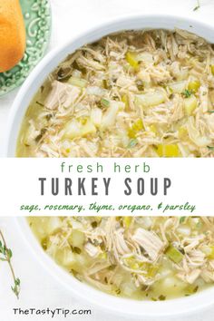 fresh herb turkey soup in a white bowl on a green and white tablecloth with text overlay