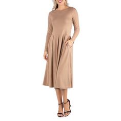 A fall wardrobe must have! This midi dress for women is great for any occasion whether casual or dressy. Featuring a round neckline, long sleeves, midi length hemline, pleated waist, and pockets for a finishing touch. Pair this fit n flare dress with ballet flat for a casual look or create a dressy look with heels. Available in nine beautiful color options, youll want one in every color! Made from a soft and comfortable stretch material that is machine washable for easy care. ,R0136161 MADE IN T Midi Dress For Women, Flare Dresses, Dress Beige, Review Dresses, Women Midi, Fit N Flare Dress, Pocket Dress, Fall Wardrobe, Fit And Flare Dress