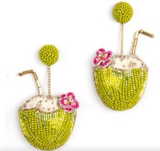 Deepa Gurnani Coconut Water Earrings in Green - Estilo Boutique Water Earrings, Diy Fabric Jewellery, Deepa Gurnani, Simple Hand Embroidery Patterns, Tropical Jewelry, Fabric Jewellery, Dopamine Dressing, Handmade Clay Jewelry, Nickel Free Jewelry