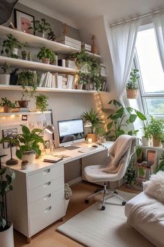 a home office with lots of plants on the desk and shelves in front of it