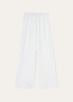 Inspired by lazy days spent lounging on faraway beaches, these relaxed, wide-legged Loro Piana trousers are defined by a natural linen fabric weave. The material is treated with a soft aloe finish that resists wrinkles, while providing a flowing drape. A comfortable, loose-fitting style featuring an elastic drawstring waist that is perfect for summertime lounging. Linen Bottoms With Elastic Waistband For Lounging, Cotton Wide Leg Pants For Relaxation, Summer Straight Pants For Relaxation, Straight Pants For Summer Relaxation, Summer Relaxation Straight Pants, Relaxed Linen Wide Leg Pants For Daywear, Relaxed Fit Wide Leg Linen Pants For Daywear, White Linen Wide Leg Vacation Pants, Summer Linen Wide Leg Pants With Straight Hem