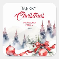 merry christmas the walker family sticker with red bows and ornaments on it's side