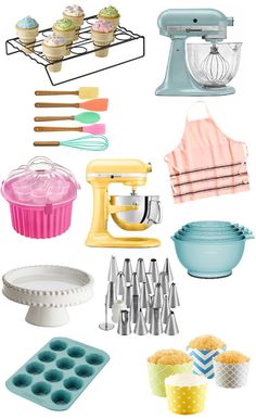 an assortment of kitchen items including mixers, cake pans and cupcake tins