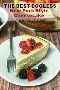 slice of eggless new york style cheesecake with strawberry pieces on top Egg Free Cheesecake Filling, Egg Free Cheesecake Recipe, Eggless Baked Cheesecake, Cheesecake Recipes No Eggs, Cheesecake Recipes Eggless, No Egg Cheesecake, Eggless Cheesecake Recipes, Egg Free Cheesecake, Cheesecake Without Eggs