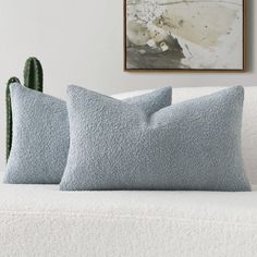 two blue pillows sitting on top of a white couch next to a cacti