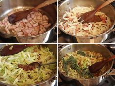 four pictures show different stages of cooking in pans on the stove top, including onions and cabbage