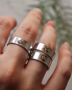 These rings are 100% aluminum & hypoallergenic so it's resistant to tarnishing, turning your skin green, or rust! They are adjustable! I will do a general sizing of the ring, & you can adjust it for the perfect fit. The black ink is not permanent & will come off over time, however you can fill it in with a black sharpie or marker & wipe it off. It'll be good as new! Each ring is hand stamped by me & made to order!! These are the perfect personalized gift :) choose either sun, moon, or star in th Adjustable Symbolic Midi Rings For Promise, Adjustable Stainless Steel Midi Rings As Gift, Adjustable Open Ring With Sun And Moon Design, Adjustable Sun And Moon Design Promise Rings, Adjustable Sun And Moon Open Ring, Symbolic Adjustable Midi Rings, Symbolic Adjustable Open Midi Rings, Adjustable Symbolic Open Midi Rings, Adjustable Celestial Midi Rings