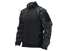 a black jacket with camouflage print on the sleeves