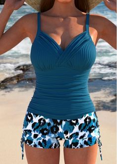 Color:Peacock Blue;Size:S;Size:M;Size:L;Size:XL;Size:XXL;Bra Style:Padded;Support:Wire Free;Pad Style:Removable;Strap Style:Adjustable;Package Contents:1 X Top , 1 X Shorts;Occasion:Sport; Blue Tankini, Tankini With Shorts, Trendy Swimsuits, Blue Leopard, Black Swimwear, Tankini Set, Peacock Blue, Plus Size Swimwear, Swim Dress