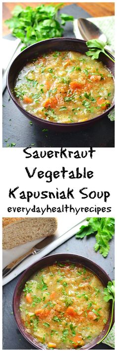 two pictures of soup with carrots and kapsnik in a black bowl