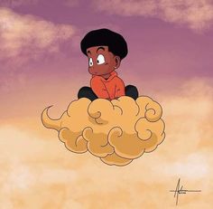 a cartoon boy sitting on top of a cloud in the sky with his eyes closed