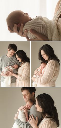 a couple holding their newborn baby while posing for pictures in the same family's photo studio