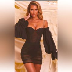 Brand New! Comes With Under Garment Flirty Mini Dress With Sheer Sleeves For Evening, Flirty Evening Mini Dress With Sheer Sleeves, Chic Mini Dress With Sheer Sleeves For Party, Elegant Sheer Dresses For Going Out, Black Mini Dress With Sheer Sleeves For Party, Chic Bodycon Dress With Sheer Sleeves For Night Out, Palm Dress, Moon Dress, Knitted Bodycon Dress