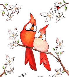 two red birds sitting on top of a tree branch