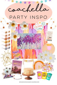 a collage of party items with the words coachella party inspo on it