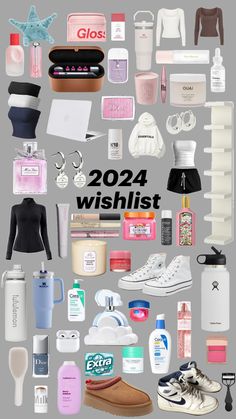 a collage of women's personal care items including shoes, hand sanitizers and cosmetics