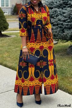 OliviaMark - Schicke und vielseitige Alltagskleidung: Raffiniertes Kleid mit gemischtem Druck, Gürtel und stilvollem Kontrast-Hemdkragen Mixed Print Dress, Long African Dresses, Contrast Dress, Afrikaanse Mode, Casual Chique, African Fashion Women Clothing, African Traditional Dresses, Traje Casual, African Fashion Women