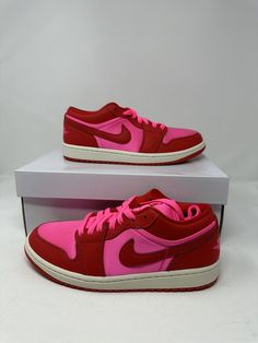 New Nike Women's Air Jordan 1 Low SE Shoes Pink Blast Valentines FB9893-600 FAST Sizes:  6.5, 7, 7.5, 8, 8.5, 9, 9.5, 10, 10.5, 11 SKU: FB9893-600 Condition: These are brand new with box. Never worn. Perfect Condition. Pet and smoke free home! Box Condition: BOXES MAY HAVE SOME DAMAGES DUE TO NATURAL SHIPPING AND STORAGE REASONS!  DAMAGE MAY INCLUDE THE FOLLOWING: - SLIGHT RIPS AND TEARS ALONG THE BOX - DENTS OR SLIGHT BOX DEFORMITY - SLIGHT CUTS/SLITS FROM OPENING THE PACKAGE SHOES WILL ALWAYS BE IN PERFECT CONDITION REGARDLESS OF BOX CONDITION. ANY ISSUES OR IMPERFECTIONS WITH THE SHOE ITSELF WILL BE DISCLOSED IN THE LISTING AND WILL NOT BE HIDDEN FROM CUSTOMERS! Pink Breathable High-top Custom Sneakers, Pink Sneakers With Red Sole For Streetwear, Casual Pink Sneakers With Red Sole, Nike Pink Sneakers With Red Sole, Pink Nike Sneakers With Red Sole, Pink Breathable Custom Sneakers For Streetwear, Pink Breathable Synthetic Basketball Shoes, Synthetic Lace-up Skate Shoes With Air Max Cushioning, Nike Low-top Synthetic Skate Shoes