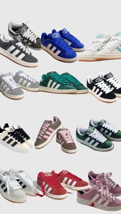 the adidas are all different colors and sizes