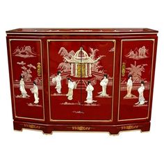 This stunning red lacquer credenza was hand-crafted by a family of artisans in Guangdong. It features brass Oriental handles and a red lacquer interior with ample storage space and a removable shelf. Elegantly decorated with hand-carved mother of pearl figures and scenery and finished in a rich, clear lacquer, it represents three generations of traditional craftsmanship and will add a stunning display of the Far East's finest to your home. Color: Beige. Beveled Glass Doors, Antique China Cabinets, Asian Landscape, Accent Chests And Cabinets, Beautiful Cabinet, Red Lantern, Fireplace Tv Stand, Asian Decor, Red Lacquer