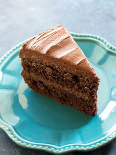 a piece of chocolate cake on a blue plate