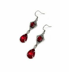 "These dainty and elegantly ornate earrings are made with antique silver plated centerpieces, and silver tone settings, worn with stainless steel earring hooks. They are accented with bright ruby red glass crystals/jewels. Earrings measure 2 1/8\" in length (including earring hooks) and 1/2\" wide. More colors are available in our shop, along with matching chokers. If you don't see items with a color you want, feel free to ask about availability." Ruby Earrings Silver, Wine Red Jewelry, Red Crystal Earrings, Red Ruby Jewelry, Ornate Earrings, Medieval Steampunk, Gothic Antique, Victorian Accessories, Victorian Earrings