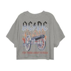 AC/DC Salute You Tour 1982 Oversize Crop - 100% Cotton Fabric, will shrink slightly - Adult Oversized Crop Tee (Available in two sizes that fit most: S/M & L/XL only) - Pigment Paloma Grey Color, Vintage Washed look - Burnout Treatment and Hand grinding detail applied on body/neckline/sleeves giving a destroyed/hole look  - Fit: length measurements are approximate due to the process applied to the garment - Officially Licensed AC/DC Apparel **We sell this product as it is shown, we do not offer Acdc Shirt, Tshirt Printing Design, Back In Black, Rock Tees, Animals Funny, Teen Clothing, Black Rock, Color Vintage, Black Friday Shopping