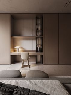 a room with a bed, desk and shelves on the wall next to each other