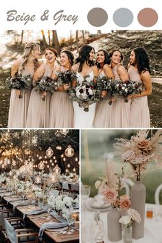 the bride and her bridal party is all dressed in neutral tones, including pinks,