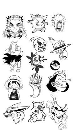 various cartoon characters drawn in black and white