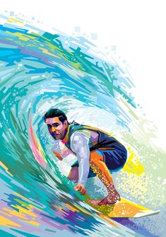 a man riding a surfboard on top of a wave in the ocean with colorful paint splatters