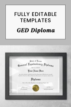 a diploma certificate with the words, fully editable templates ged diploma in black and white