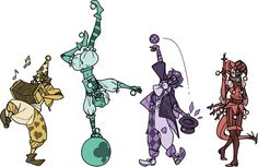 four cartoon characters in different poses, one is juggling and the other is dancing